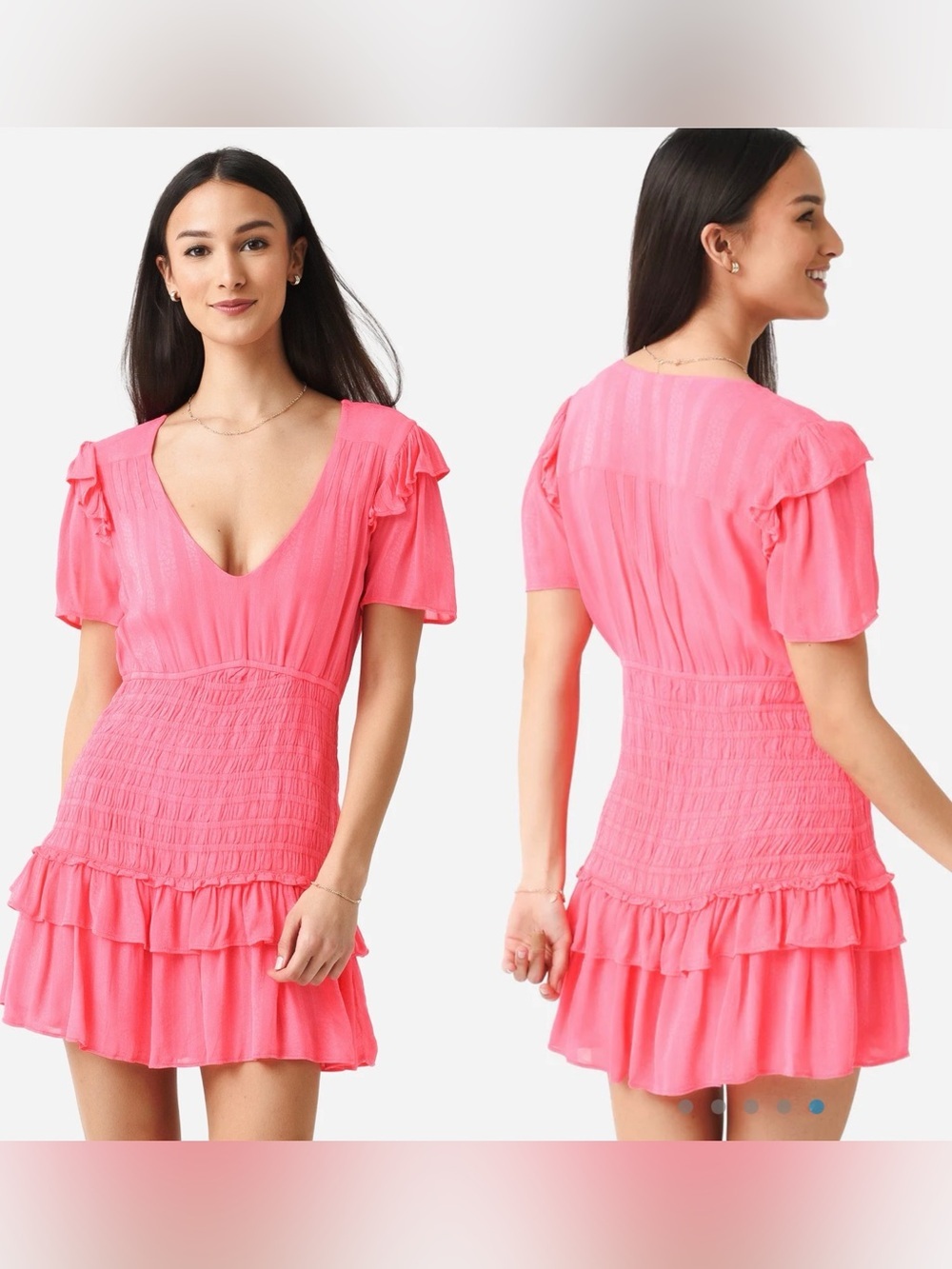 LOVESHACKFANCY • Rena Pink Ruffle-Skirt Smocked Waist Mini Dress XS